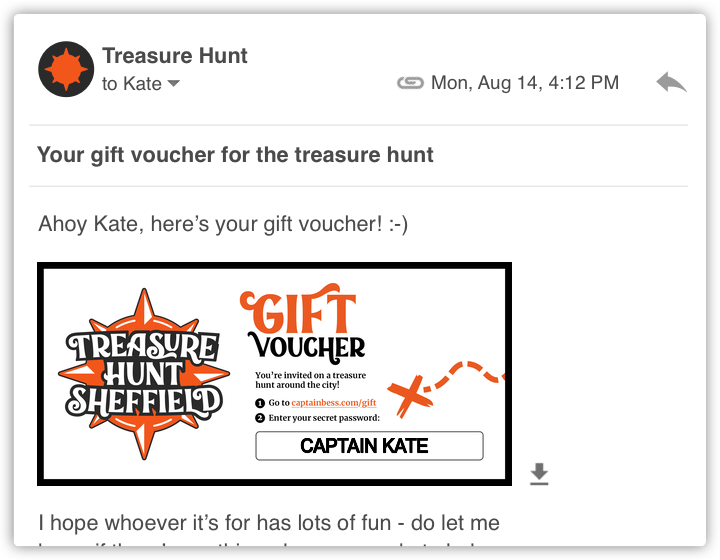 A screenshot of an email containing a digital gift voucher for Treasure Hunt Sheffield.