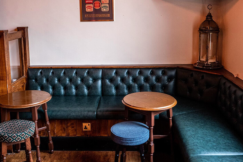 Cosy corner bench in Millowners Arms in Kelham Island. Recommended by Treasure Hunt Sheffield.