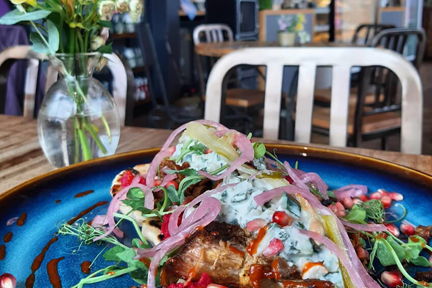 A colourful plate of food at Grind Cafe near Kelham Island. Recommended by Treasure Hunt Sheffield.