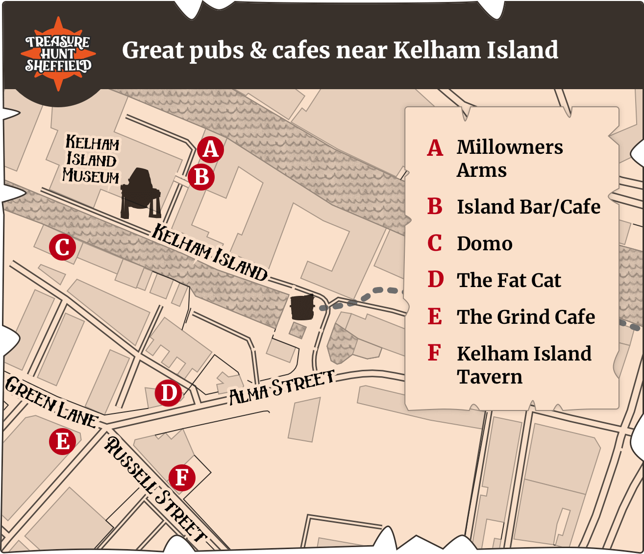 A map showing some great pubs and cafes new Newcastle Quayside