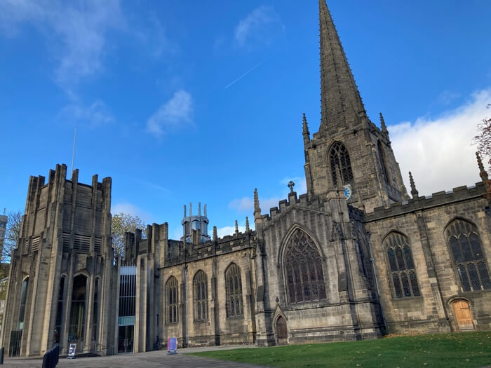 Sheffield Cathedral with its modern extension in the sunshine