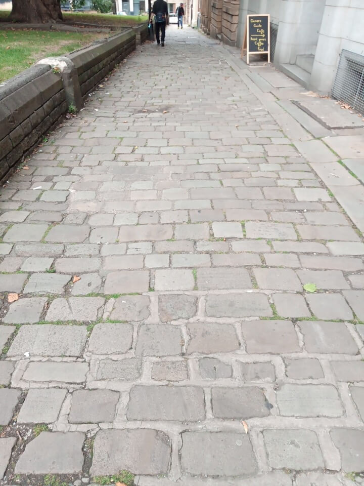 Large uneven cobbles beside Sheffield Cathedral